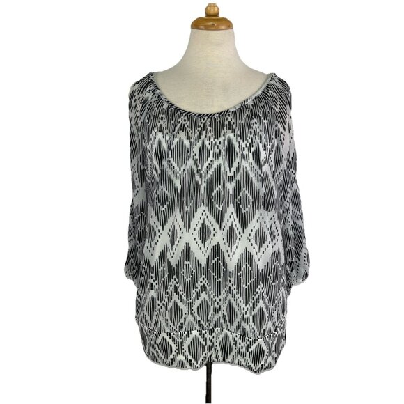 AB Studio Size XL Black and White Cold Shoulder Blouse Sheer with Built In Cami - Picture 1 of 9
